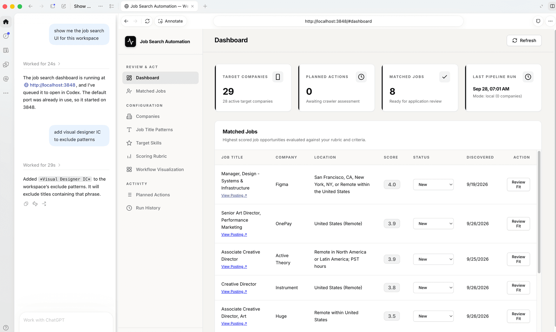 Job Search Automation dashboard showing target companies, planned actions, and matched jobs.